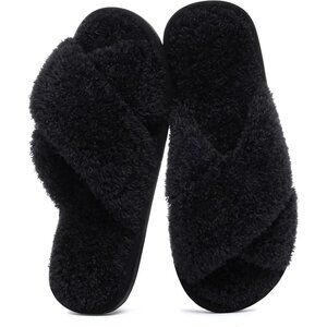 Women's Black Fuzzy Cross Band Memory Foam Open-Toe House Slippers